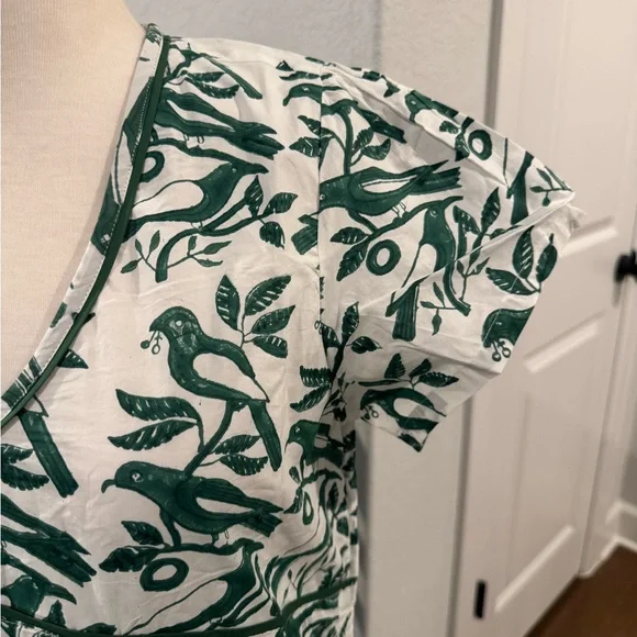Ex Voto 100% Cotton White Green Bird Block Printed Maxi Dress Green NWT SZ M - Picture 5 of 11
